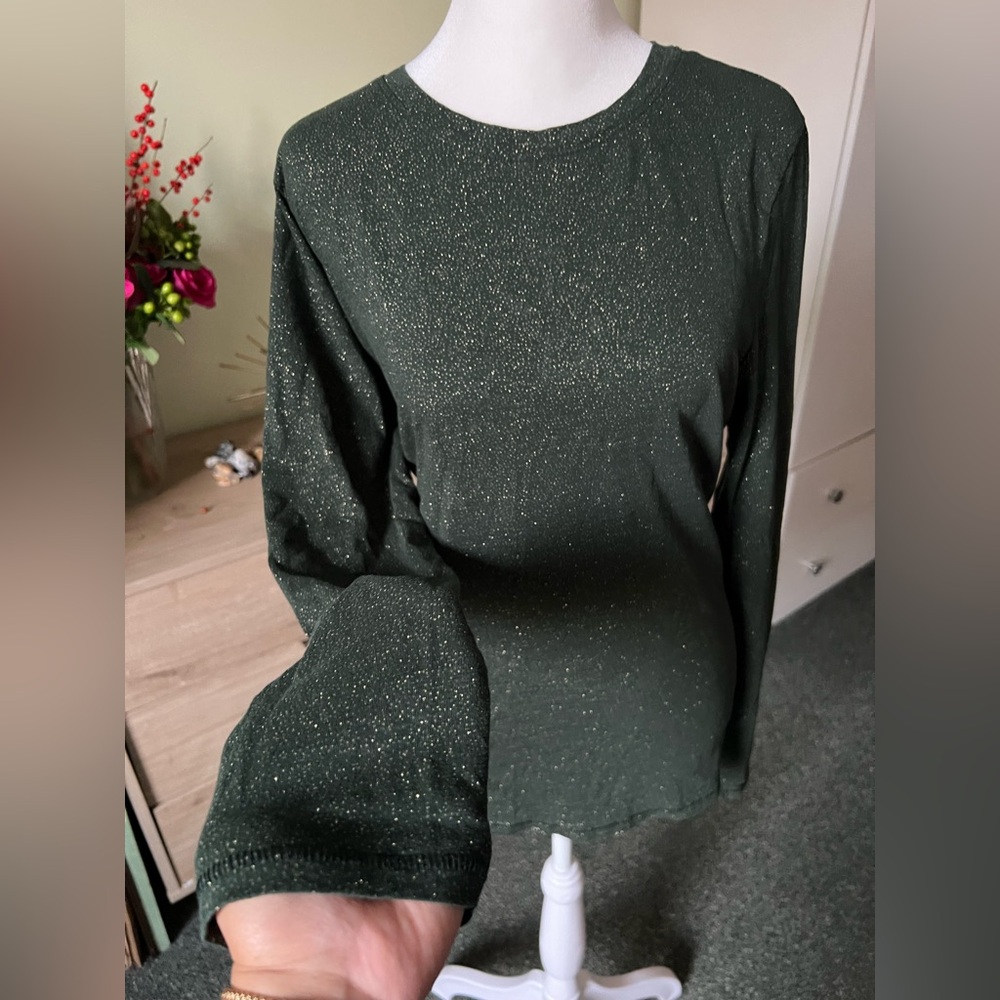 SONOMA Dark Green Glitter 100% Cotton Long-Sleeve Relaxed Fit Comfy T-Shirt XL